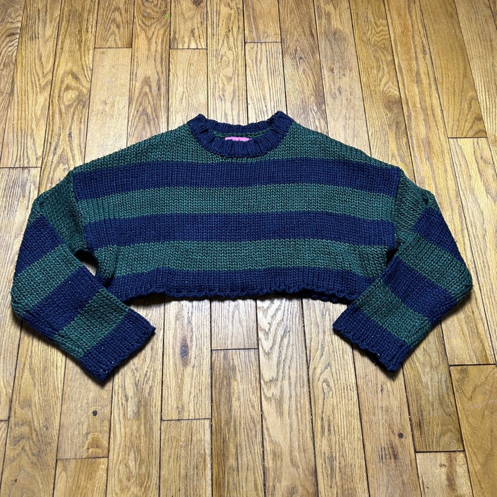 Edikted Striped Cropped Sweater Navy Blue Forest‎ Green Chunky Knit XS/S